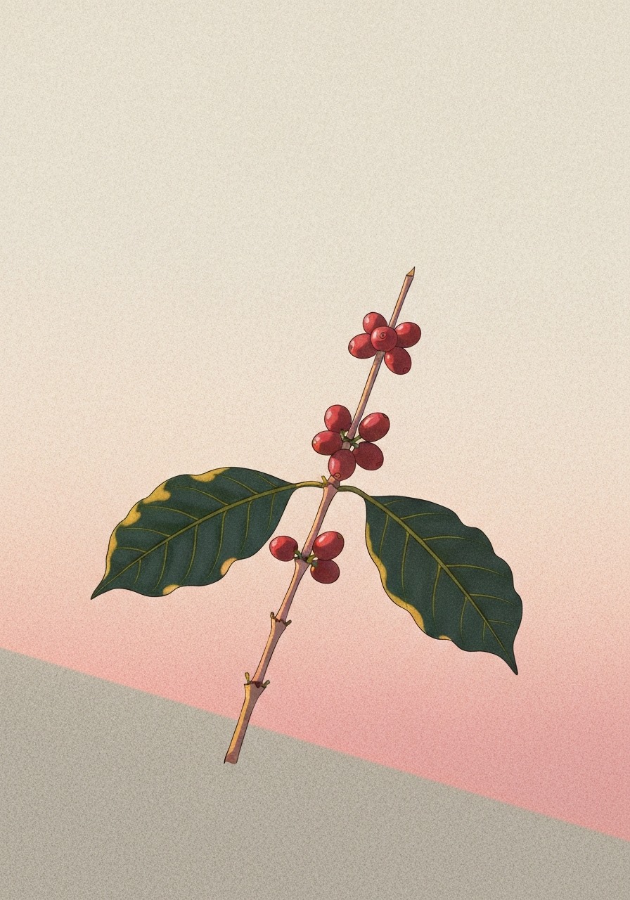 Dawnline, a coffee branch with ripe cherries at dawn
